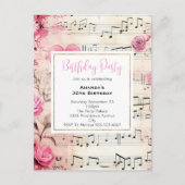 音符とバラヴィンテージ誕生日招待状 ポストカード (正面)