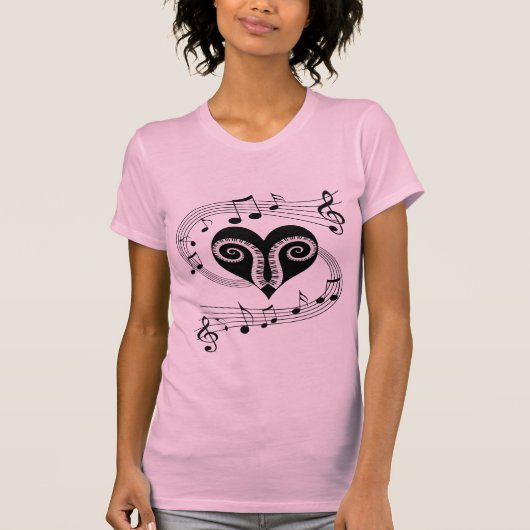 音符のハートおよびピアノ鍵 Tシャツ (正面)