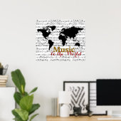 音符の付いた黒い地図 ポスター (ホームオフィス)
