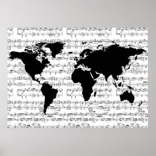 音符を使った黒い世界地図 ポスター
