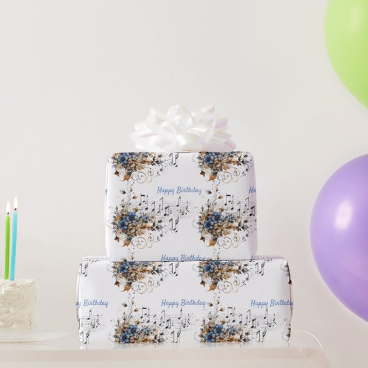 音符スケールブルーウォーター色の花 ラッピングペーパー (パーティーギフト)