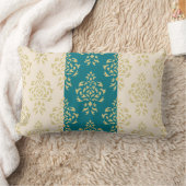 頂上のダマスク織パターン-ティール(緑がかった色)及びクリームの金ゴールド ランバークッション (ブランケット)
