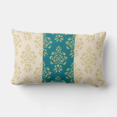 頂上のダマスク織パターン-ティール(緑がかった色)及びクリームの金ゴールド ランバークッション (裏面)