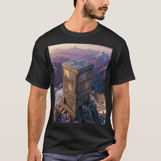 頂点達成の山のモニュメント - GRIT(根性)+ DISCIPLINE(規律) Tシャツ (正面)