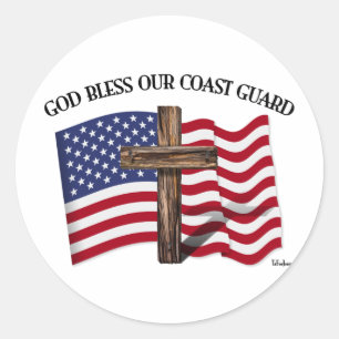 頑丈な十字架とアメリカ国旗の沿岸警備隊 "GOD BLESS COAST GUARD" ラウンドシール