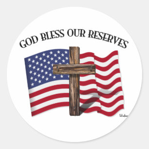 頑丈な十字架とアメリカ国旗のGOD BLESS OUR RESERVES ラウンドシール