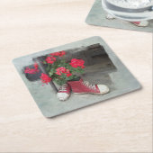 頑丈な赤いゲラニウム スクエアペーパーコースター (アングル)
