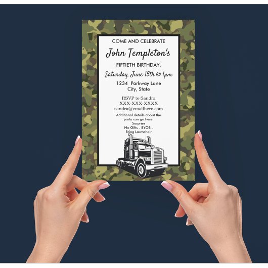 頑丈な迷彩柄トラックドライバー迷彩柄クール誕生日 招待状