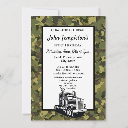 頑丈な迷彩柄トラックドライバー迷彩柄クール誕生日 招待状 (正面)