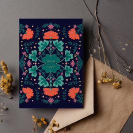 頑張ってクローバーと花ダークブルー カード