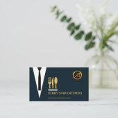 頭が切れるなウェイターの青いスーツの金ゴールドの食事用器具類の道具 名刺 (スタンド正面)