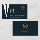 頭が切れるなウェイターの青いスーツの金ゴールドの食事用器具類の道具 名刺 (正面/裏面)