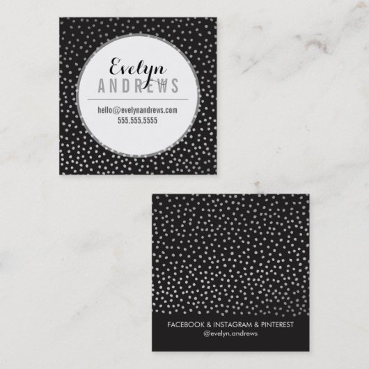 頭が切れるシンプルSPOTミニ水玉模様銀ブラック スクエア名刺 (正面/裏面)