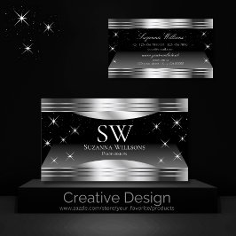 頭が切れるブラック銀きらめく縁どとモノグラム 名刺