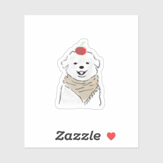 頭にさくらんぼの乗ったかわいい白い犬 シール (シート)