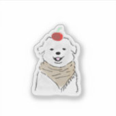 頭にさくらんぼの乗ったかわいい白い犬 シール (正面)