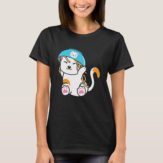 頭にどんぶりをのせたかわいい猫 食べ物 ネコ Tシャツ (正面)