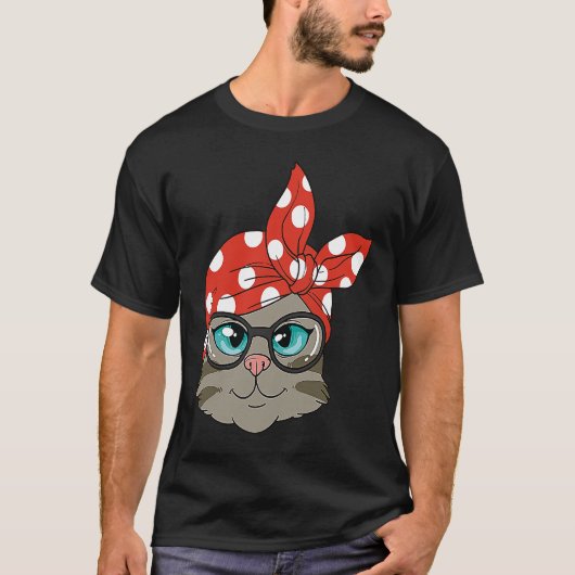 頭にスカーフとメガネを付けたかわいい猫 Tシャツ (正面)