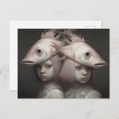 頭にピンクの魚が浮かぶ双子ホラーAIアート ポストカード (正面/裏面)