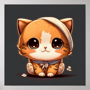 頭に包帯が付いたかわいい漫画の猫。 ポスター