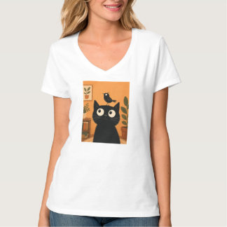 頭に小鳥を乗せた黒猫のボタニカルなイラスト かわいい ホイームシー Tシャツ