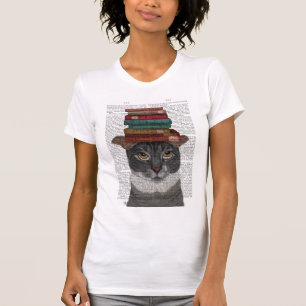 頭に本が付いた灰色の猫 Tシャツ