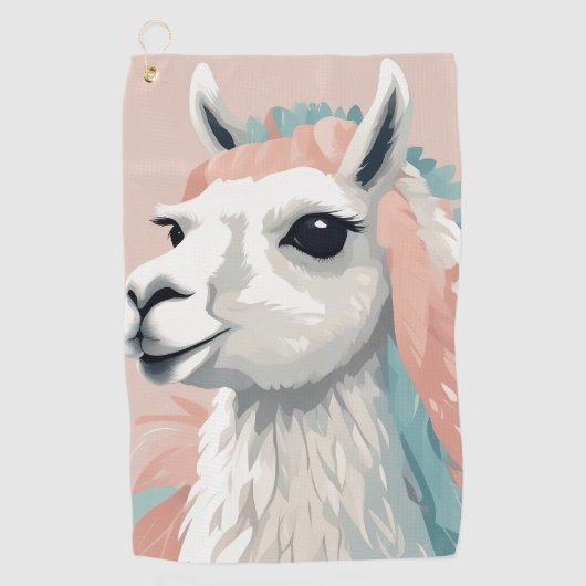 頭に毛がカラフルのった可愛いラマ ゴルフタオル (正面)