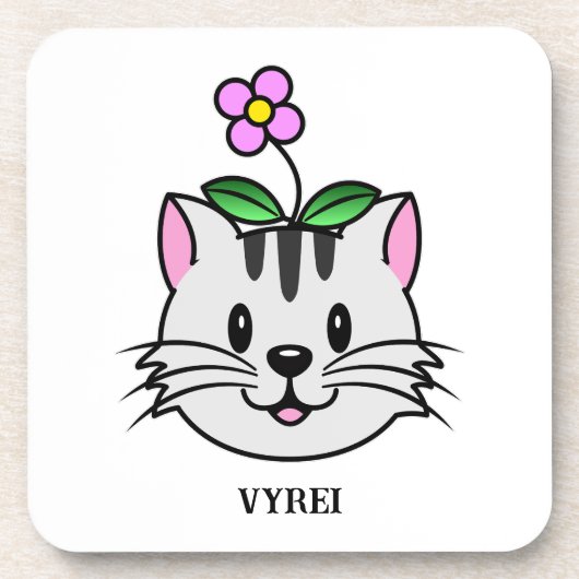 頭に花を咲かせたかわいい漫画ネコ コースター (正面)