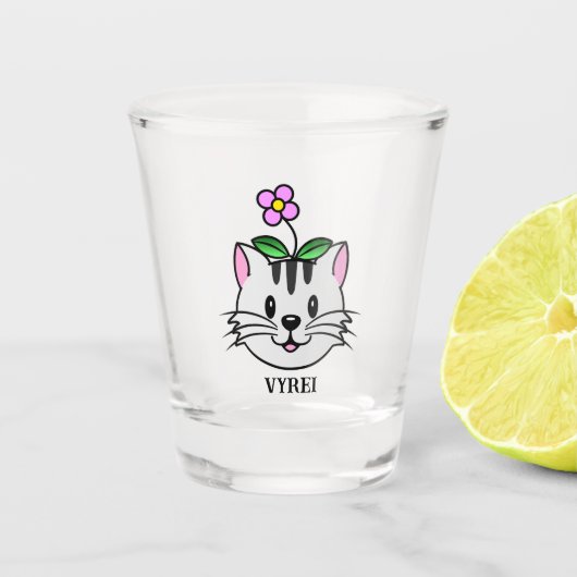 頭に花を咲かせたかわいい漫画ネコ ショットグラス (正面)
