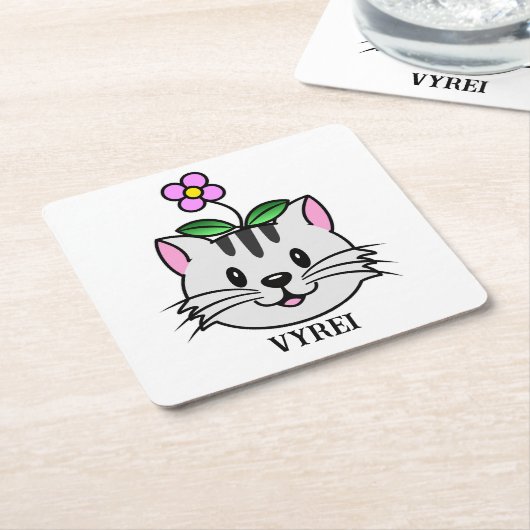 頭に花を咲かせたかわいい漫画ネコ スクエアペーパーコースター (アングル)