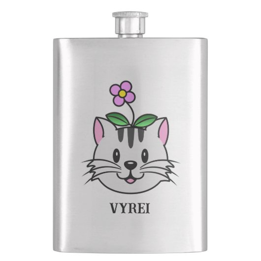頭に花を咲かせたかわいい漫画ネコ フラスク (正面)