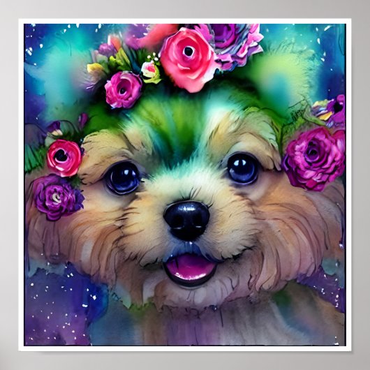 頭に花を飾ったかわいい白い子犬 ポスター (正面)