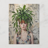 頭に観葉植物を乗せた女性のコラージュ ポストカード (正面)