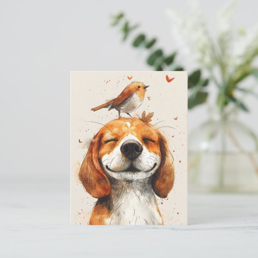 頭に鳥が乗った可愛いビーグル絵を描 ポストカード (スタンド正面)