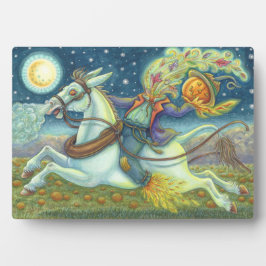 頭のない馬の男のカカシと白のマールハロウィーン フォトプラーク