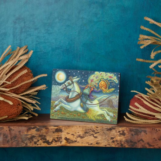 頭のない馬の男のカカシと白のマールハロウィーン フォトプラーク (側面)