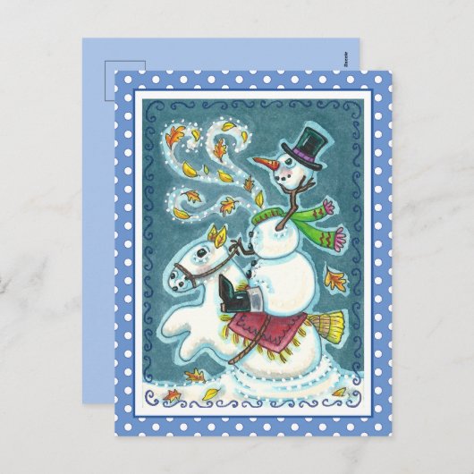 頭のない馬の雪だるま、クリスマスハロウィーンのユーモア。 シーズンポストカード (正面/裏面)