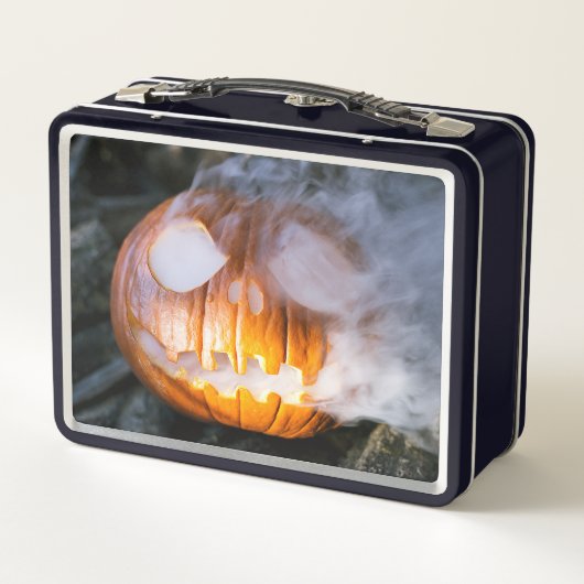 頭のない馬乗りのジャック・オ・ランタンが炎の頭を上げる メタルランチボックス (裏面)