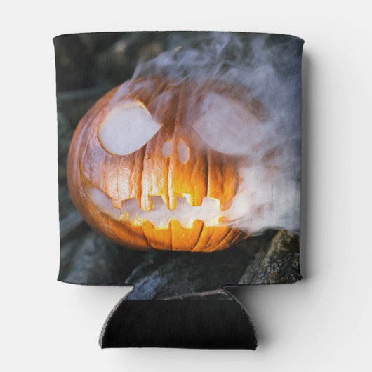 頭のない馬乗りのジャック・オ・ランタンが炎の頭を上げる 缶クーラー (裏面)