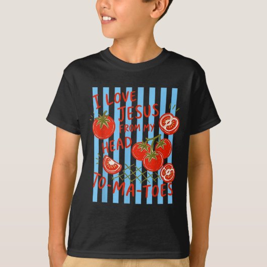 頭のトマトからイエスを愛する キリスト教のダジャレ Tシャツ (正面)