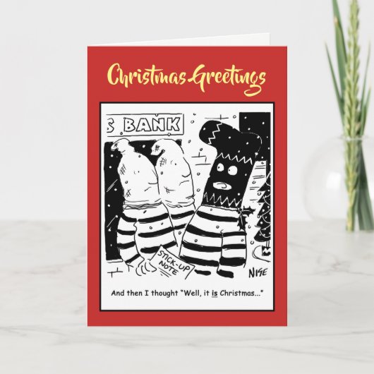 頭の上にクリスマスのストッキングを持つ銀行強盗 シーズンカード (正面)