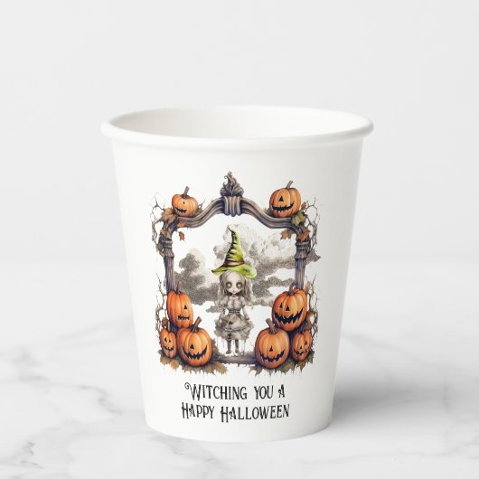 頭を痛めるハッピーハローウィン 紙コップ (正面)