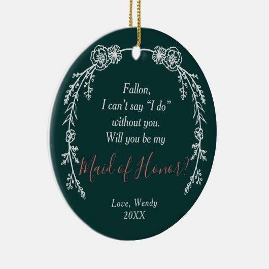 頼のメイド・オブ・オーナー（花嫁付き添い人）パーソナライズされたラインアートリース セラミックオーナメント (右)