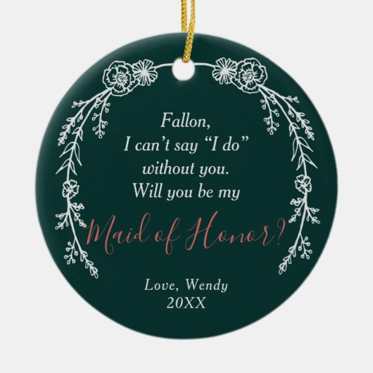 頼のメイド・オブ・オーナー（花嫁付き添い人）パーソナライズされたラインアートリース セラミックオーナメント (正面)