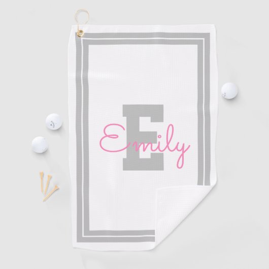 額付き名前とモノグラム |ライトグレーとピンク ゴルフタオル (インサイチュ)