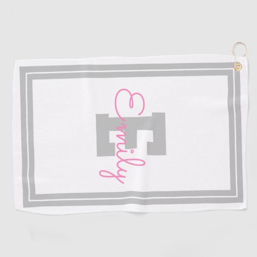 額付き名前とモノグラム |ライトグレーとピンク ゴルフタオル (横)