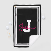 額付き名前とモノグラム |白黒とピンク ゴルフタオル (インサイチュ)