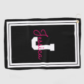 額付き名前とモノグラム |白黒とピンク ゴルフタオル (横)