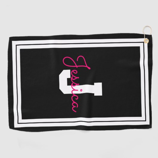 額付き名前とモノグラム |白黒とピンク ゴルフタオル (横)