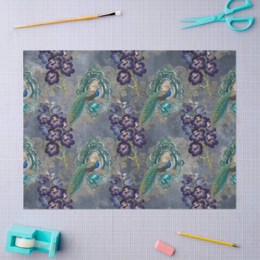 額縁のピーコックと紫の花の切り離し 薄葉紙 (クラフト)